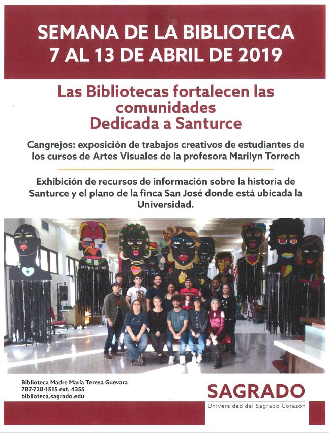 Afiche Promocional de la semana de la biblbioteca. Dedicada a Santurce. Al fondo imagen de artistas con sus obras en la exhibicion  sobre la historia de Santurce