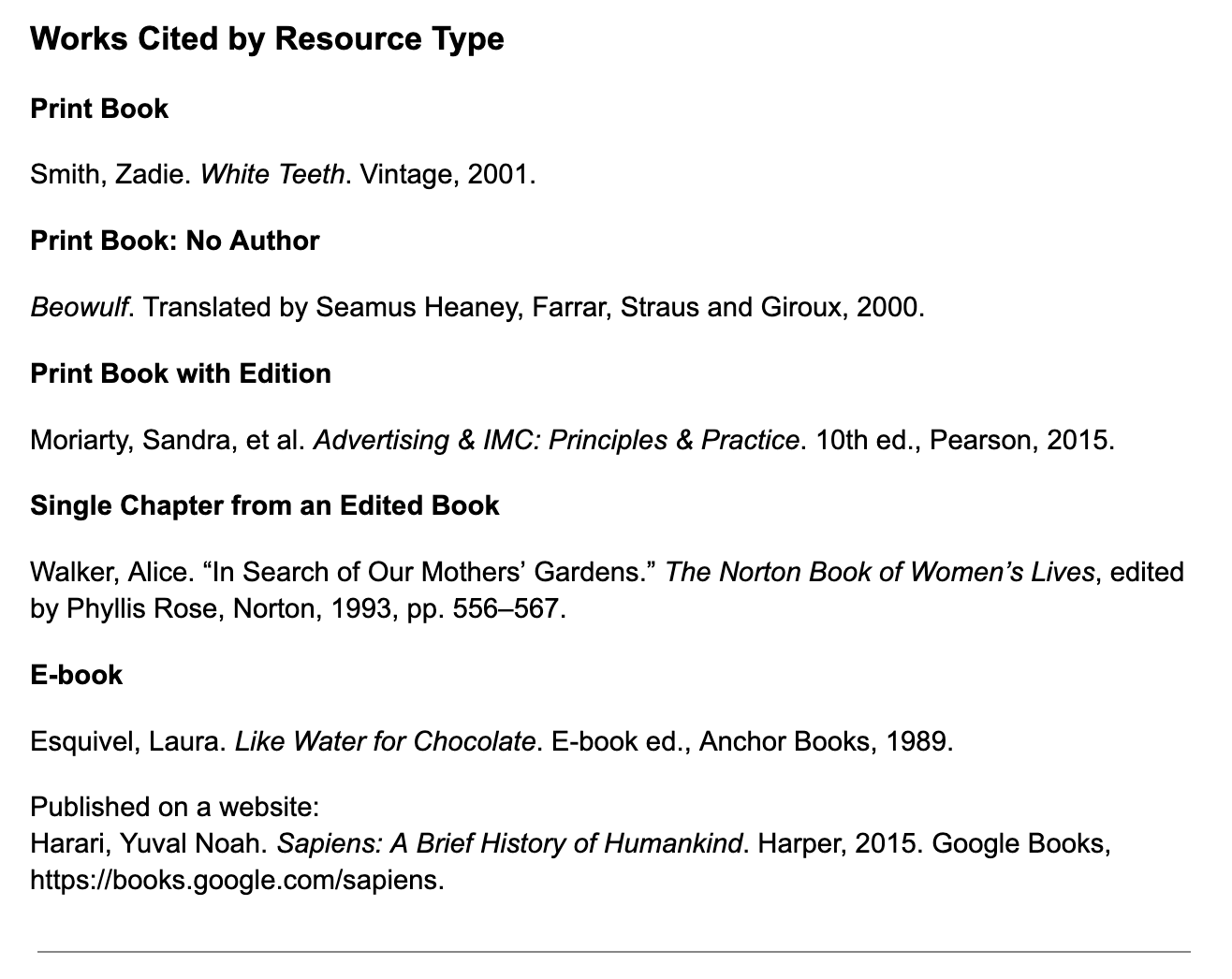 works cited list by type
